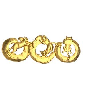 J.J. Vintage Gold Tone Cat Brooch With Trio Of Cats Playing On Crescent Moon